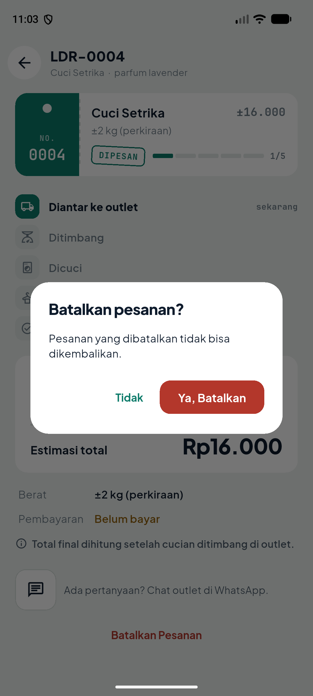 Layar order_detail_screen di app Laundry Kiloan