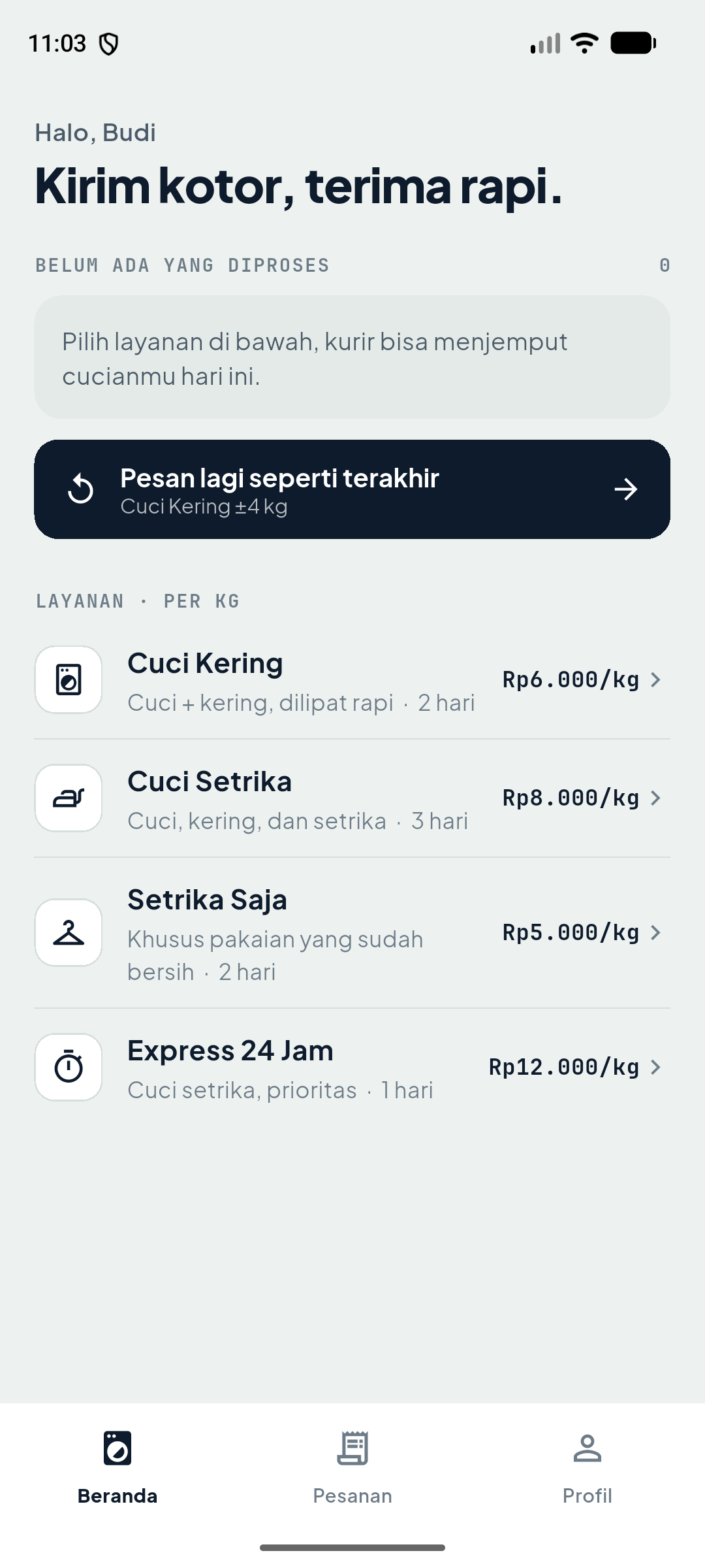 Beranda pelanggan Laundry Kiloan