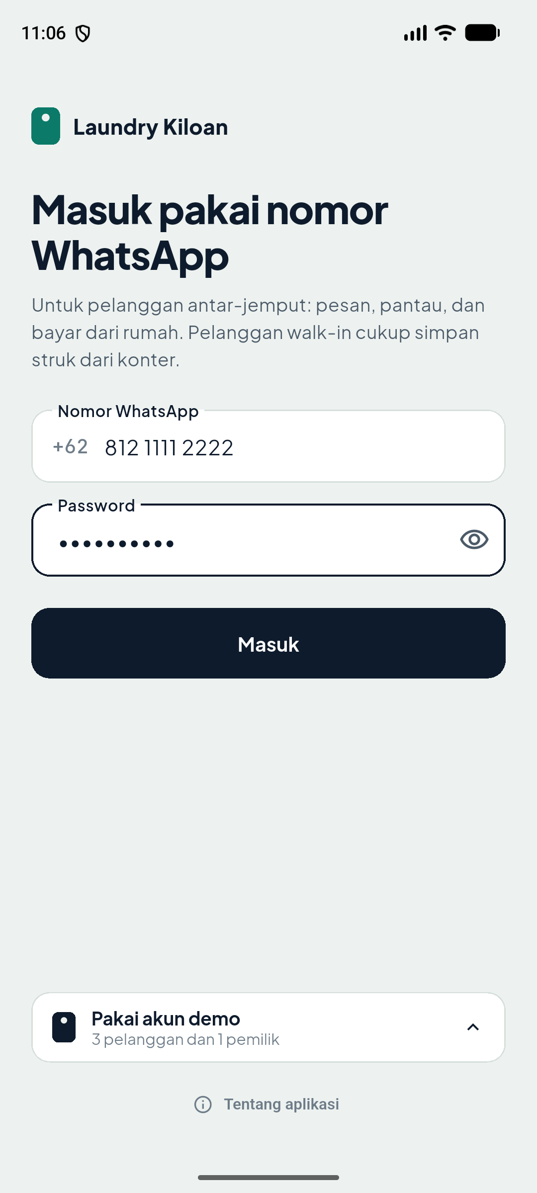 Layar login Laundry Kiloan