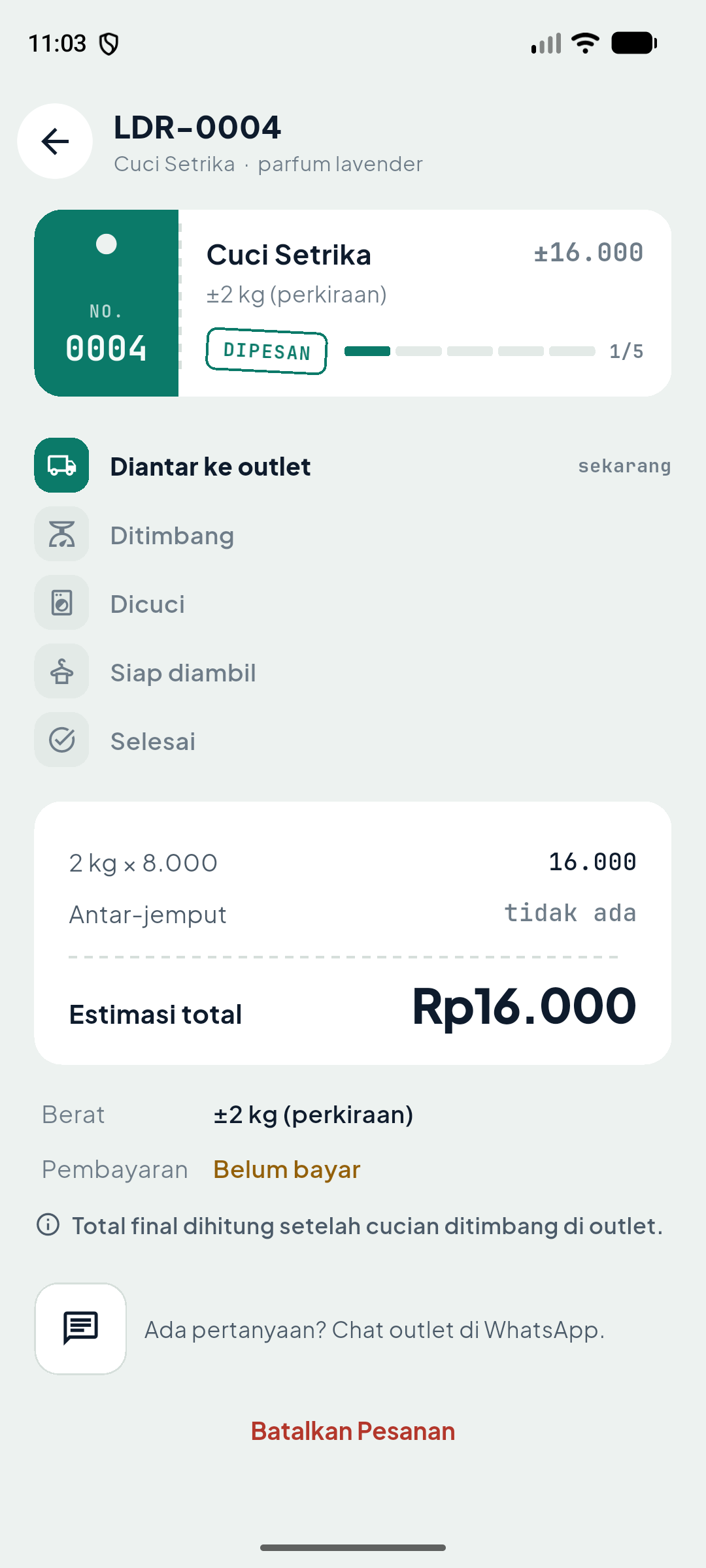 Layar order_detail_screen di app Laundry Kiloan