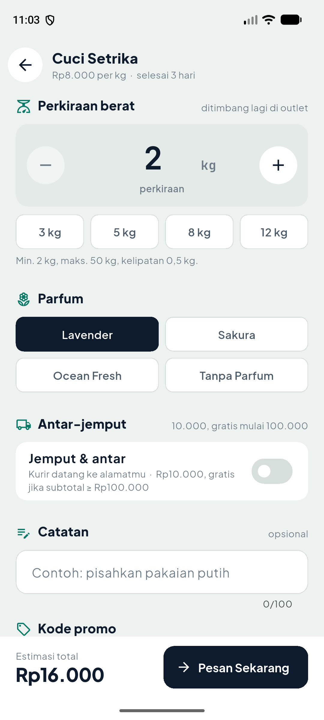 Layar order_form_screen di app Laundry Kiloan