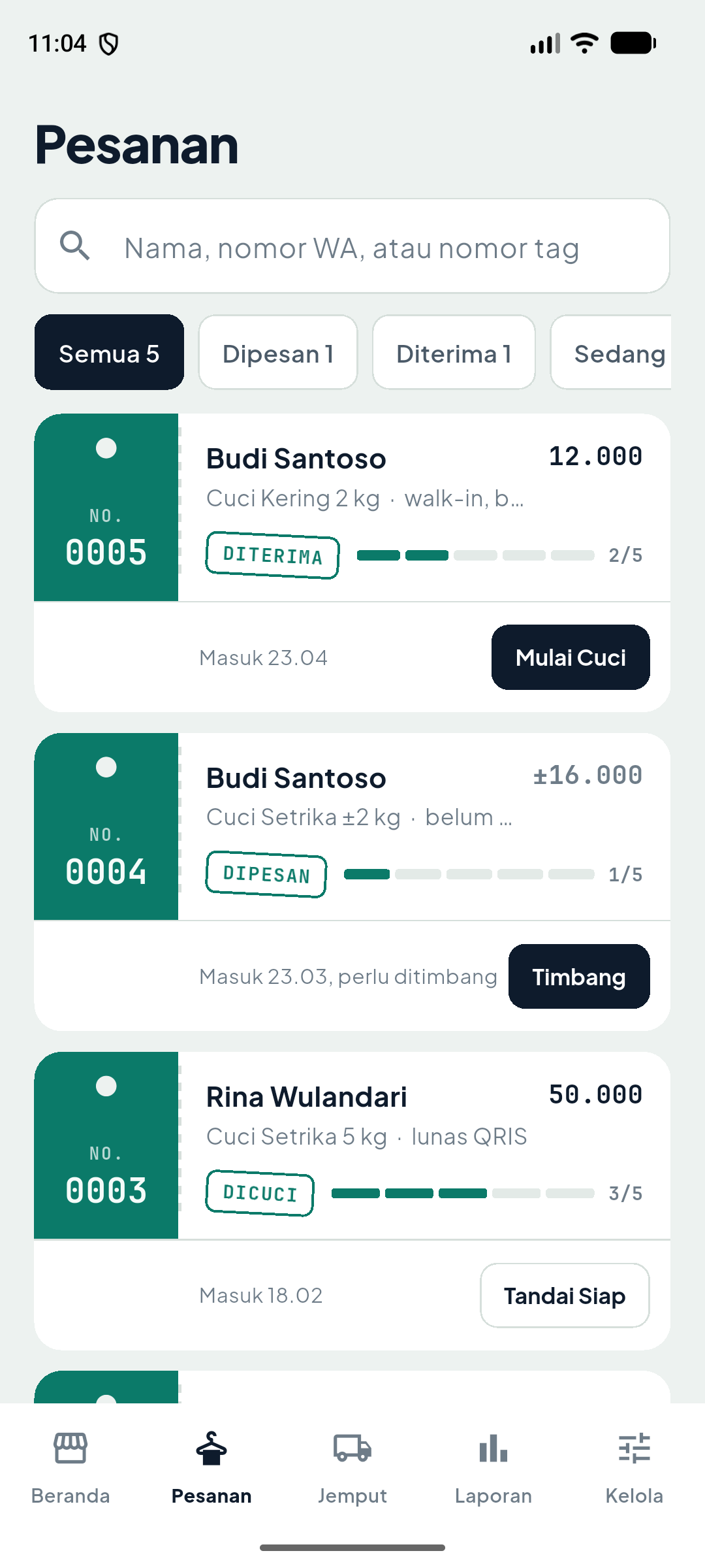 Layar owner_orders_screen di app Laundry Kiloan