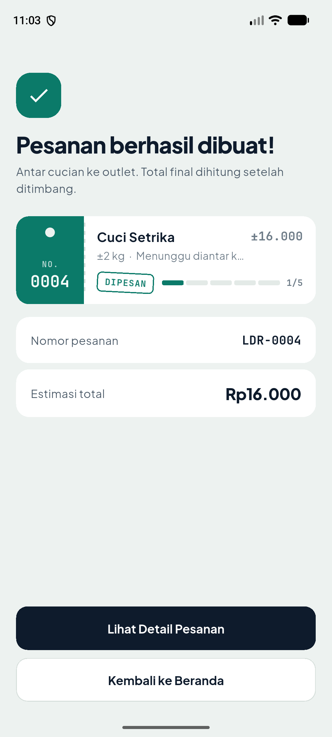 Layar success_screen di app Laundry Kiloan